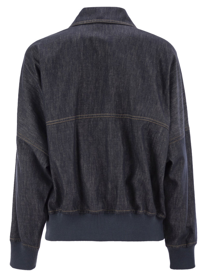 Brunello Cucinelli Women Denim-Effect Twill Bomber Jacket With Shiny Zip