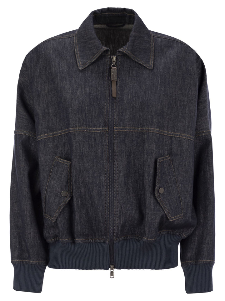 Brunello Cucinelli Women Denim-Effect Twill Bomber Jacket With Shiny Zip