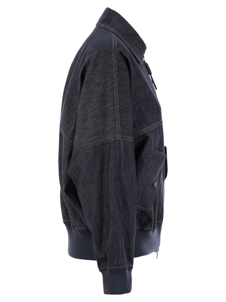 Brunello Cucinelli Women Denim-Effect Twill Bomber Jacket With Shiny Zip