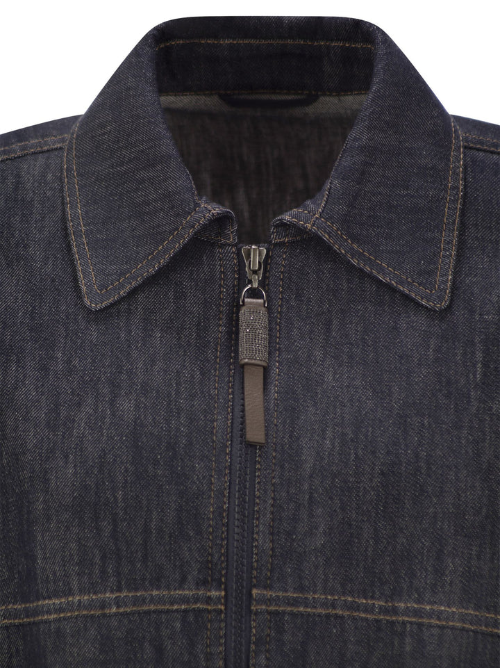 Brunello Cucinelli Women Denim-Effect Twill Bomber Jacket With Shiny Zip