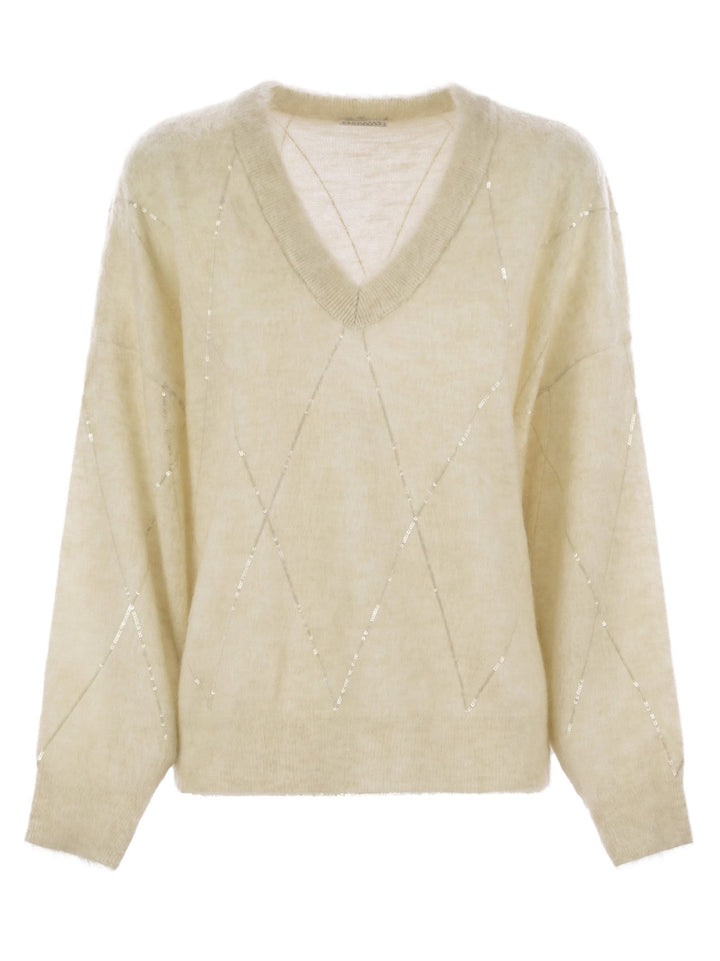 Brunello Cucinelli Women Mohair, Wool, Cashmere And Silk Sweater With Dazzling Argyle Embroidery