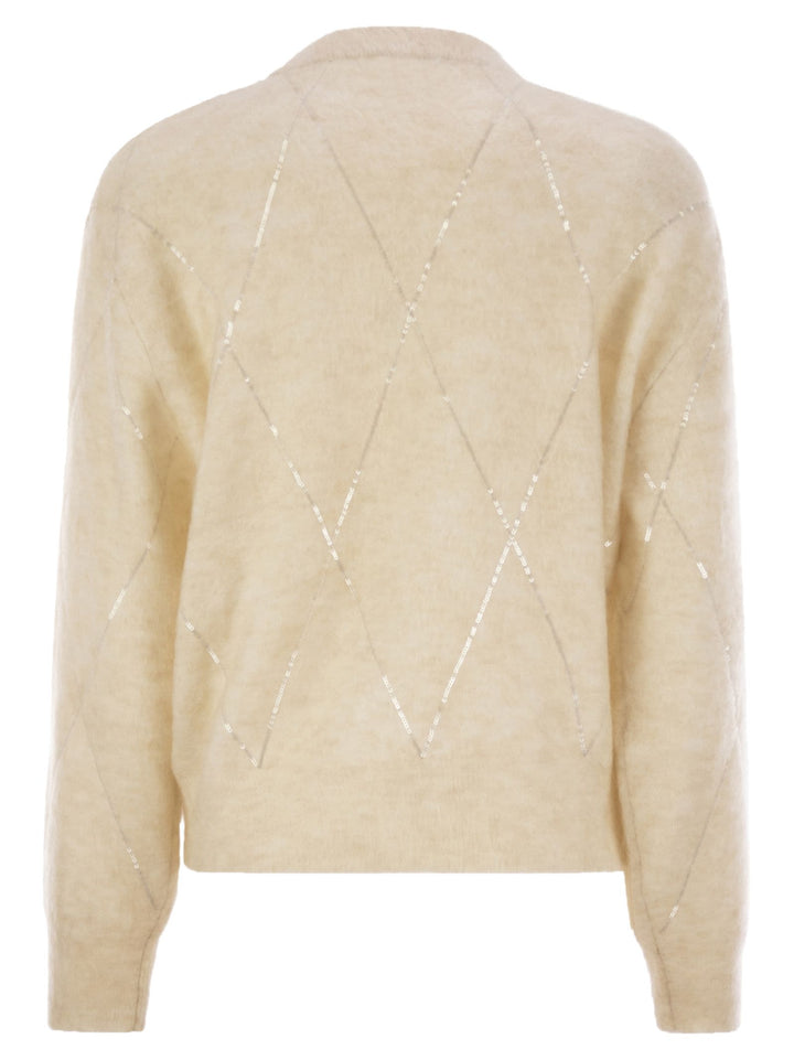 Brunello Cucinelli Women Mohair, Wool, Cashmere And Silk Sweater With Dazzling Argyle Embroidery