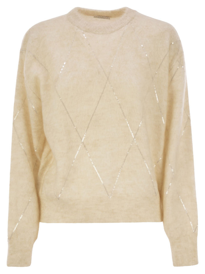 Brunello Cucinelli Women Mohair, Wool, Cashmere And Silk Sweater With Dazzling Argyle Embroidery