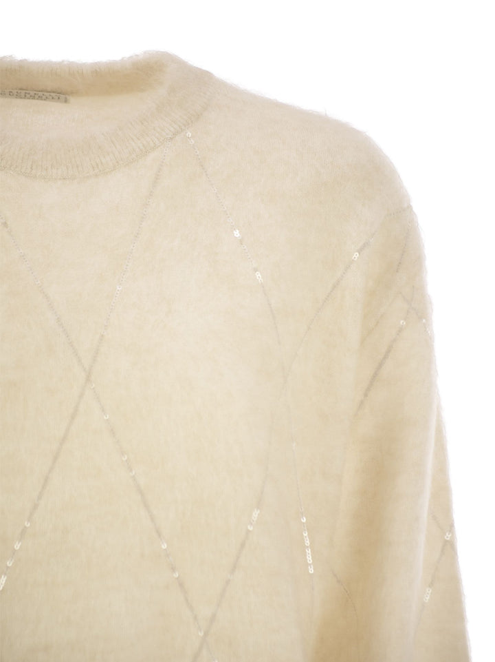 Brunello Cucinelli Women Mohair, Wool, Cashmere And Silk Sweater With Dazzling Argyle Embroidery