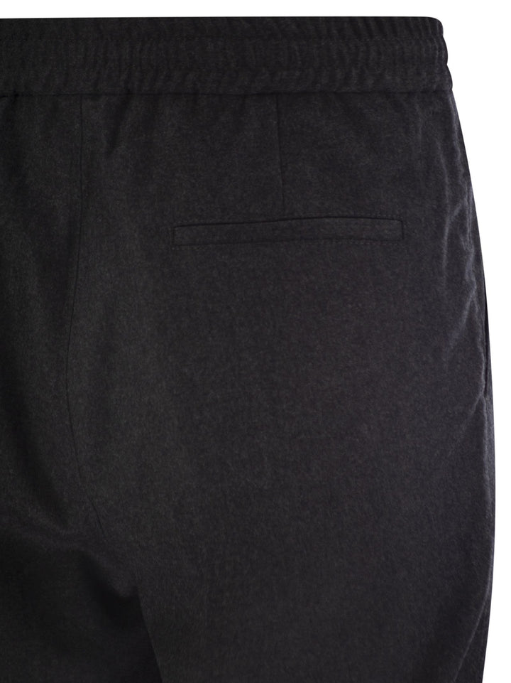Brunello Cucinelli Men Leisure Fit Trousers In Virgin Wool Flannel With Drawstring And Double Darts