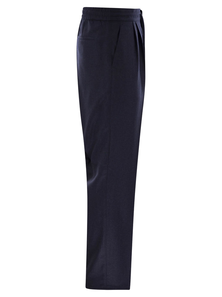 Brunello Cucinelli Men Leisure Fit Trousers In Virgin Wool Flannel With Drawstring And Double Darts