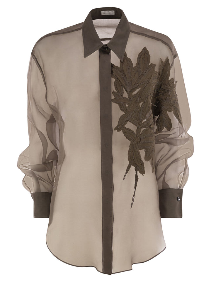 Brunello Cucinelli Women Crispy Silk Shirt With Flora Appliqué