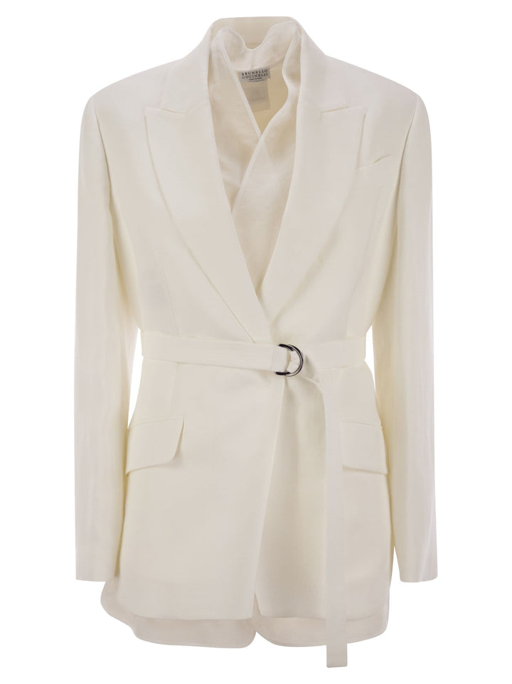 Brunello Cucinelli Women Fluid Viscose And Linen Twill Jacket With Belt And Necklace