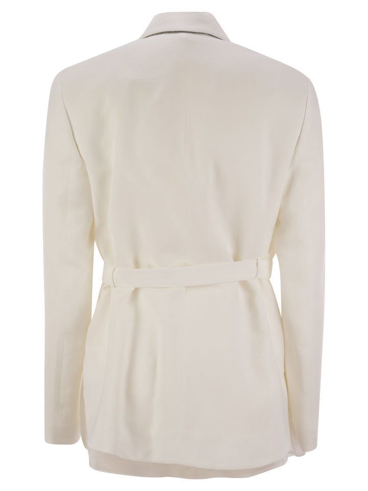 Brunello Cucinelli Women Fluid Viscose And Linen Twill Jacket With Belt And Necklace