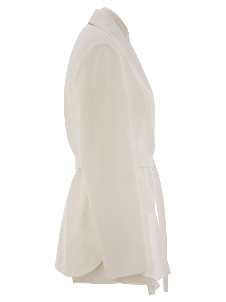 Brunello Cucinelli Women Fluid Viscose And Linen Twill Jacket With Belt And Necklace
