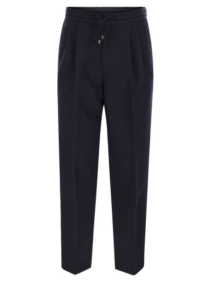 Brunello Cucinelli Men Leisure Fit Trousers In Linen And Cotton Gabardine With Drawstring And Double Darts