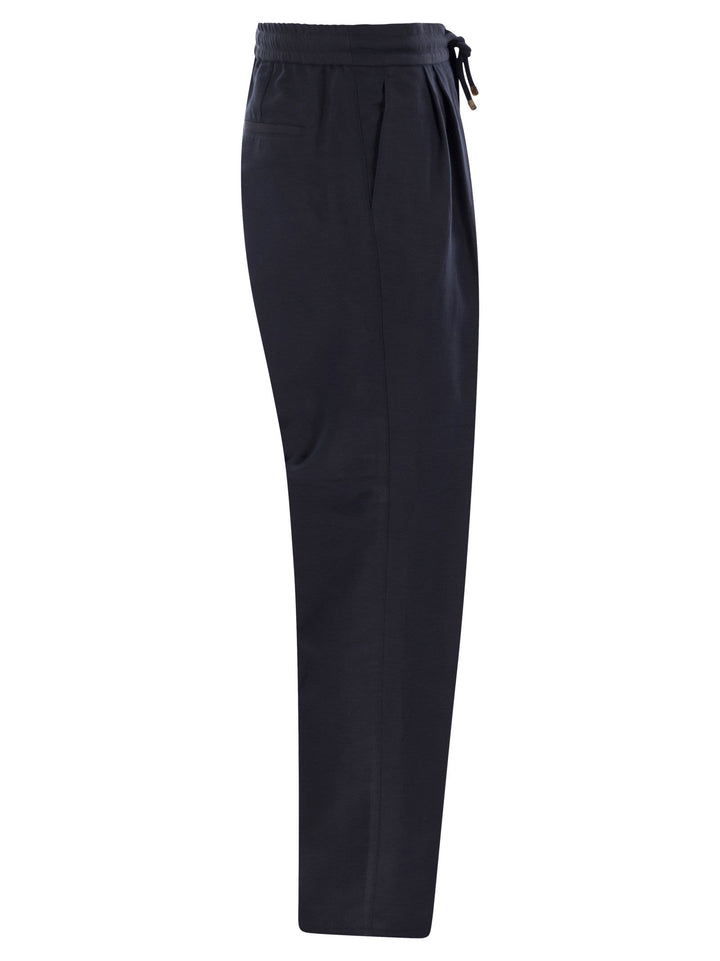 Brunello Cucinelli Men Leisure Fit Trousers In Linen And Cotton Gabardine With Drawstring And Double Darts