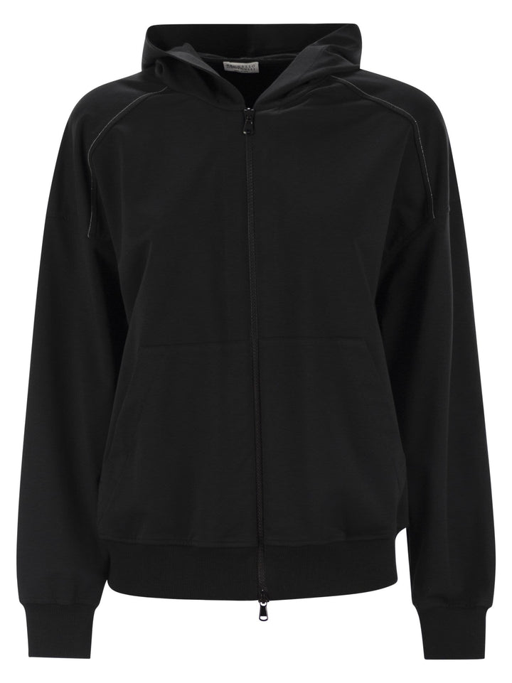 Brunello Cucinelli Women Lightweight Stretch Cotton Fleece Topwear With Zip, Hood And Shiny Trims
