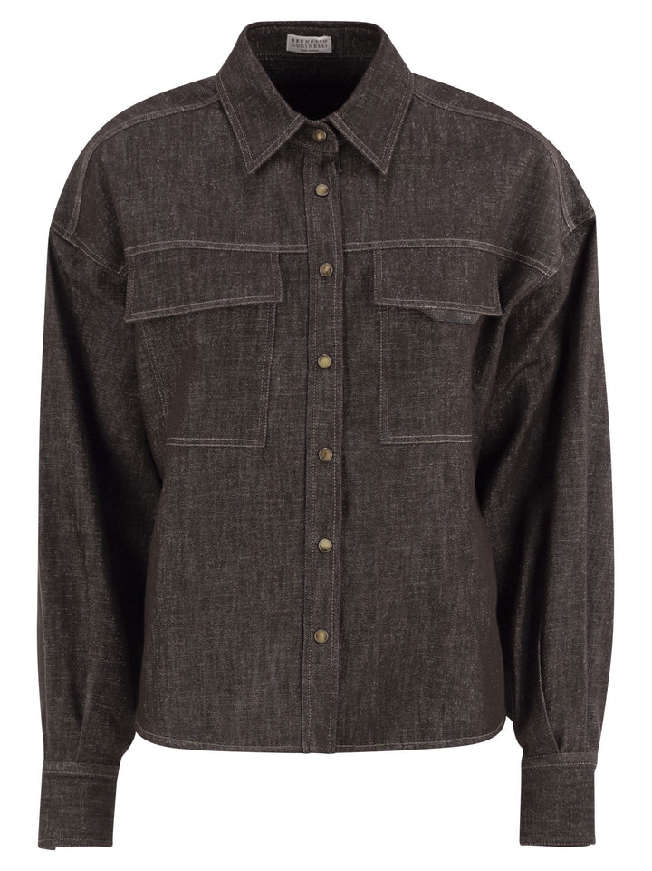 Brunello Cucinelli Women Sparkling No-Fade Denim Shirt With Shiny Flap Detail