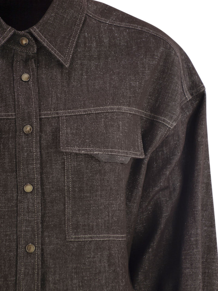 Brunello Cucinelli Women Sparkling No-Fade Denim Shirt With Shiny Flap Detail