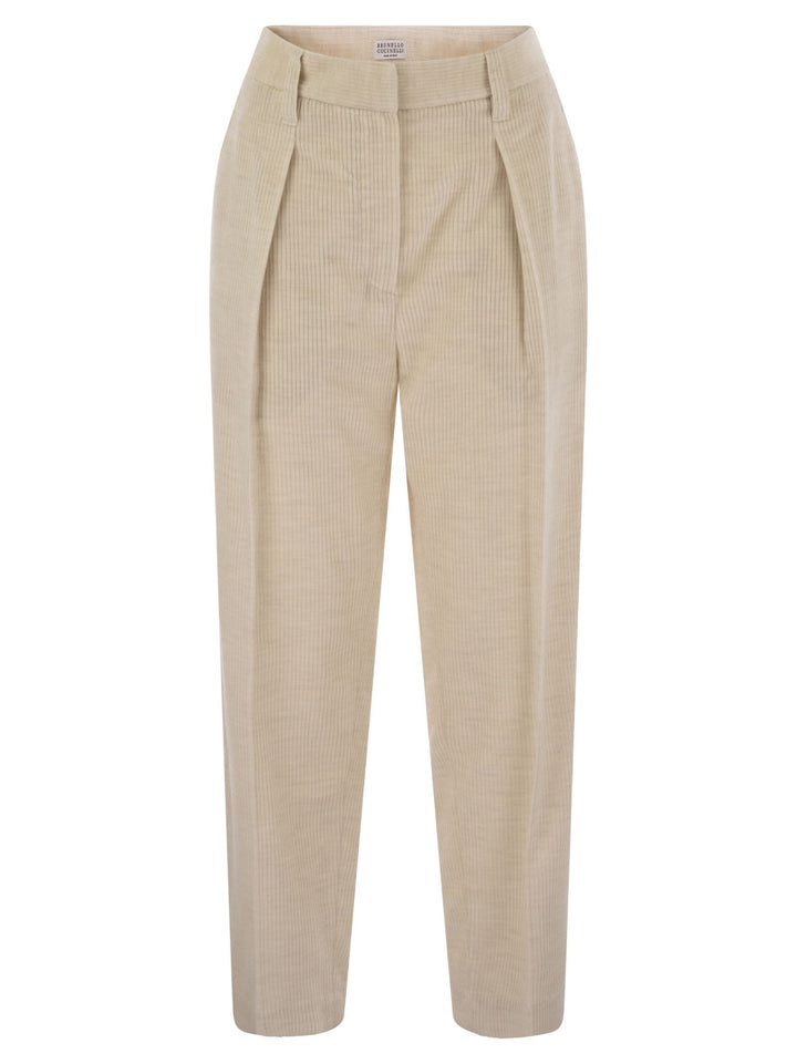 Brunello Cucinelli Women Striped Canvas Trousers In Viscose And Comfort Cotton With Necklace