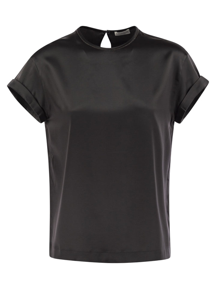 Brunello Cucinelli Women Stretch Silk Satin T-Shirt With Necklace