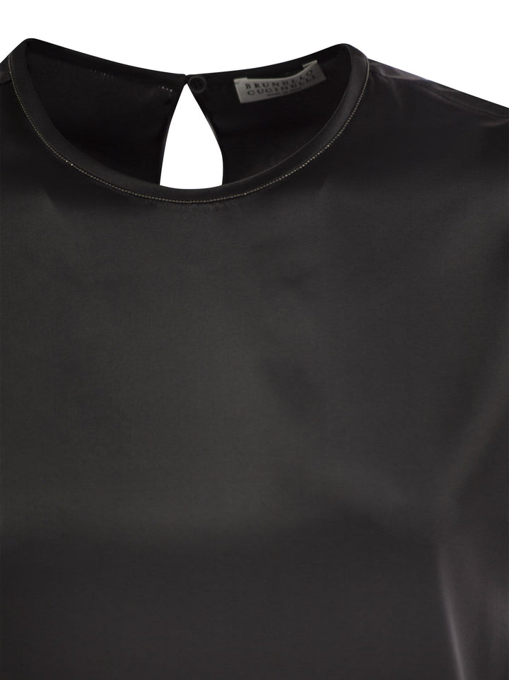 Brunello Cucinelli Women Stretch Silk Satin T-Shirt With Necklace