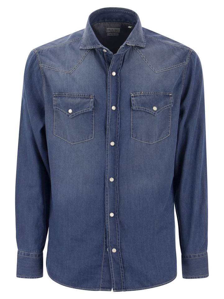 Brunello Cucinelli Men Easy Fit Shirt In Light Denim With Press Studs
