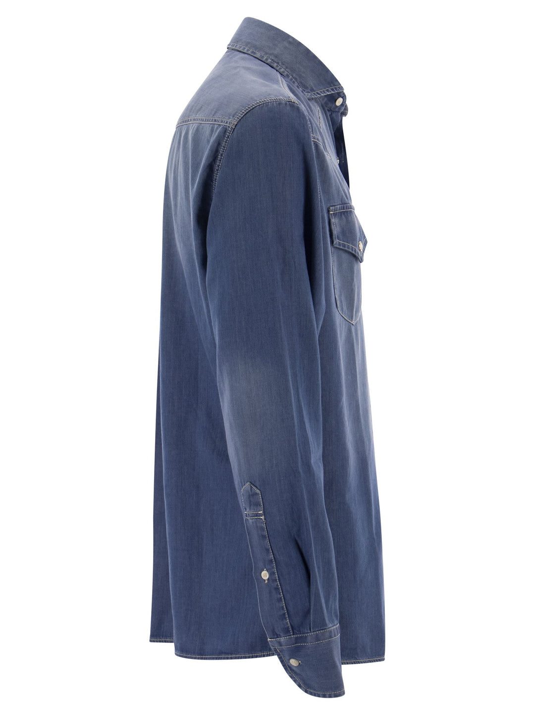 Brunello Cucinelli Men Easy Fit Shirt In Light Denim With Press Studs