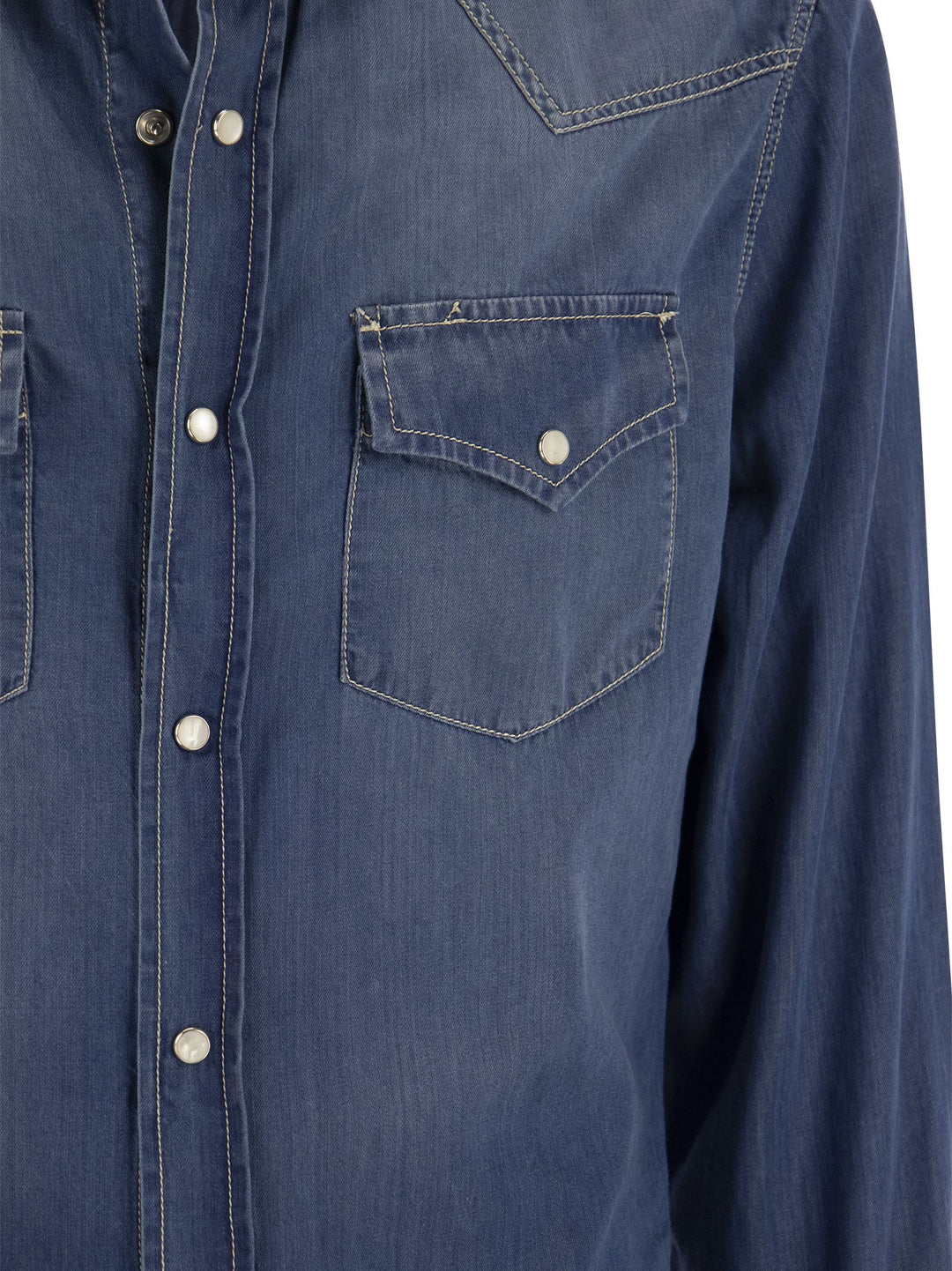 Brunello Cucinelli Men Easy Fit Shirt In Light Denim With Press Studs
