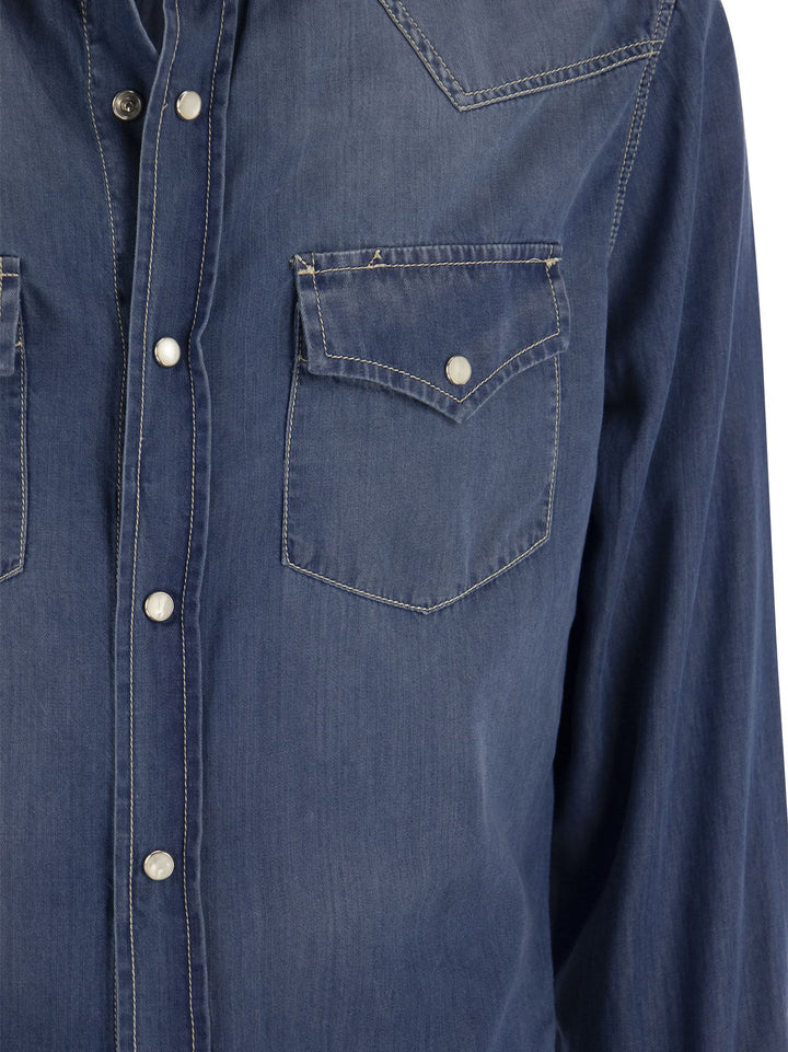Brunello Cucinelli Men Easy Fit Shirt In Light Denim With Press Studs