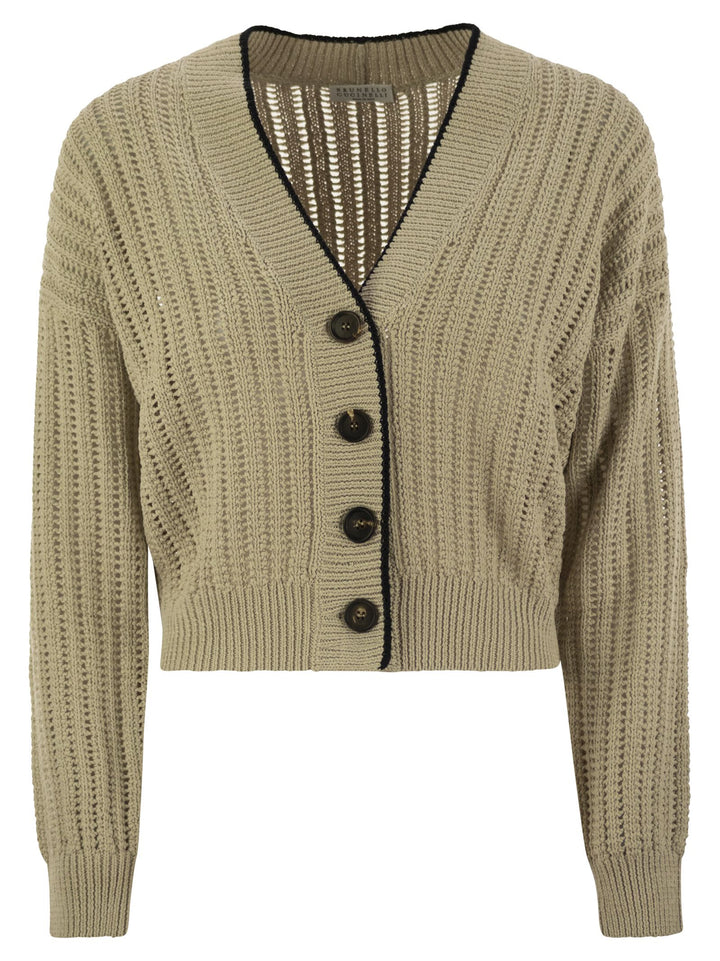 Brunello Cucinelli Women Perforated Rib Cotton Knit Cardigan With Jewellery