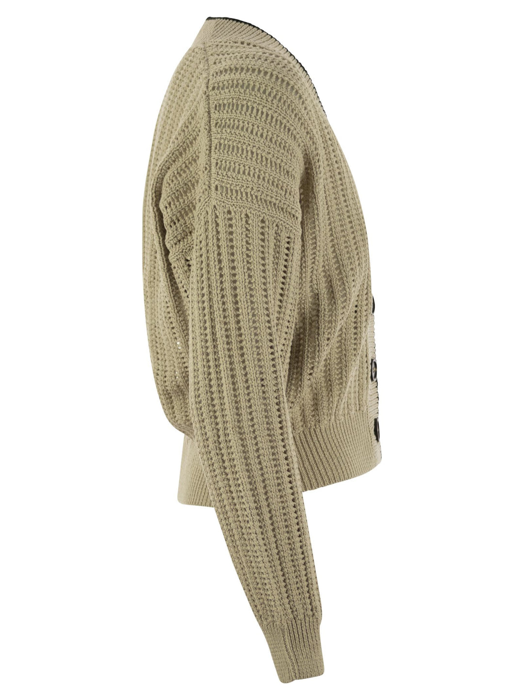Brunello Cucinelli Women Perforated Rib Cotton Knit Cardigan With Jewellery