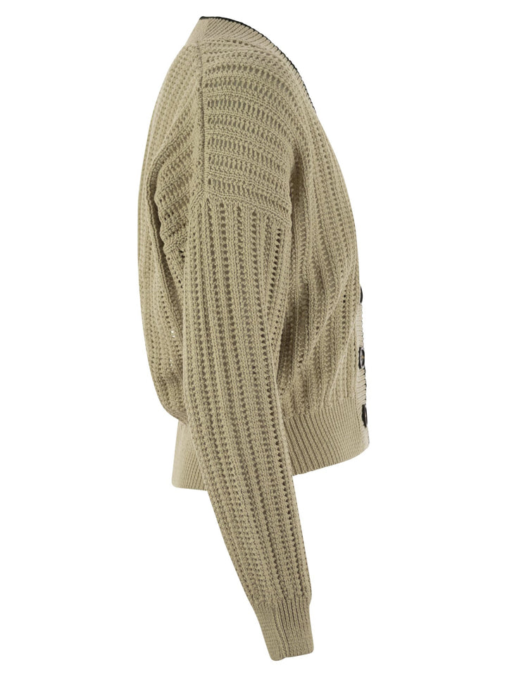 Brunello Cucinelli Women Perforated Rib Cotton Knit Cardigan With Jewellery