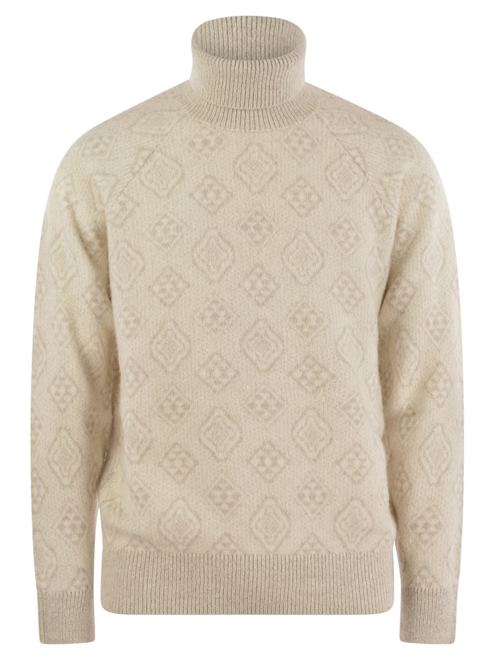 Brunello Cucinelli Men Geometric Jacquard Turtleneck Sweater In Alpaca, Cotton And Wool