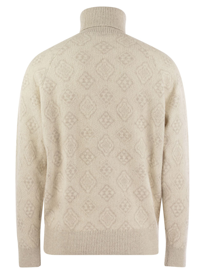 Brunello Cucinelli Men Geometric Jacquard Turtleneck Sweater In Alpaca, Cotton And Wool