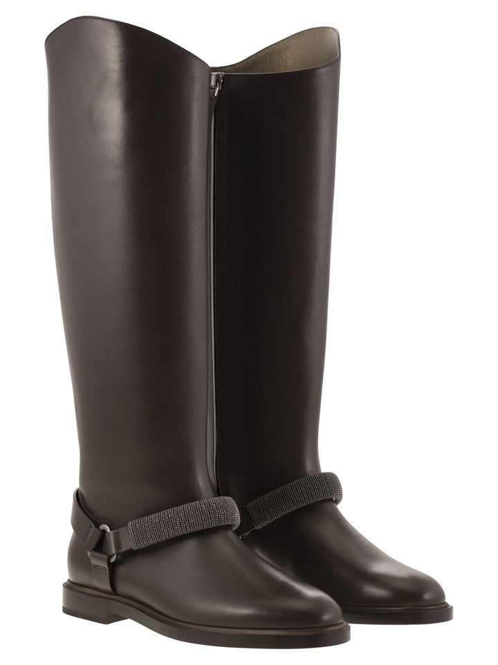 Brunello Cucinelli Women Mat Calf Boots With Precious Ribbed Strap