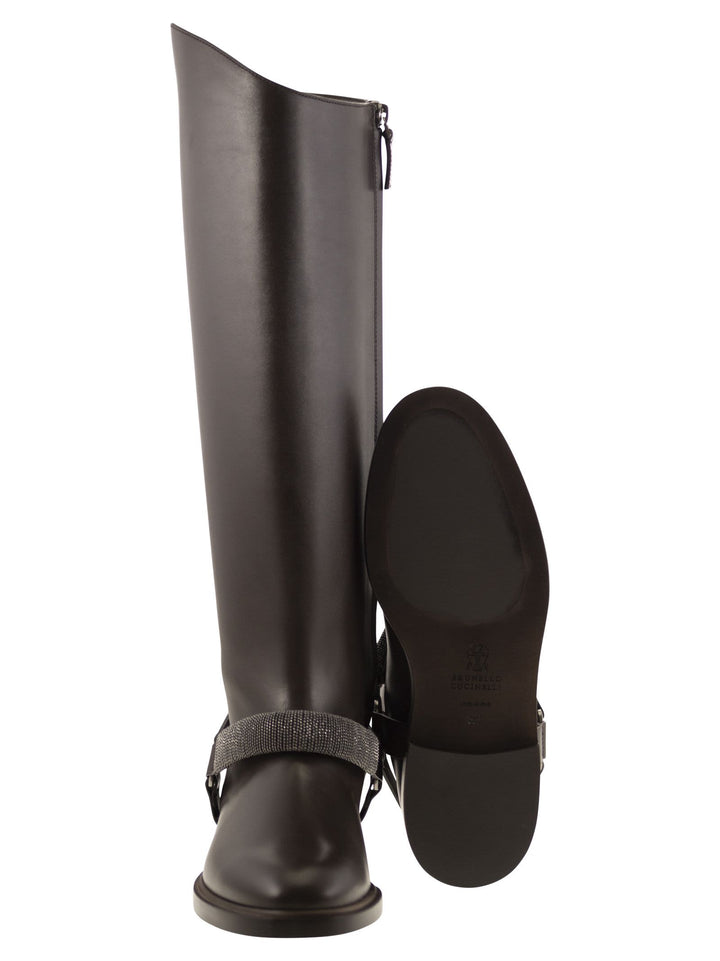 Brunello Cucinelli Women Mat Calf Boots With Precious Ribbed Strap