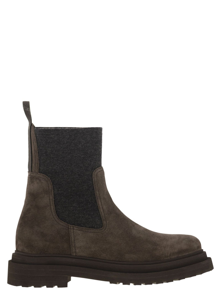 Brunello Cucinelli Women Suede Boot With Knitted Insert And Precious Loop Detail