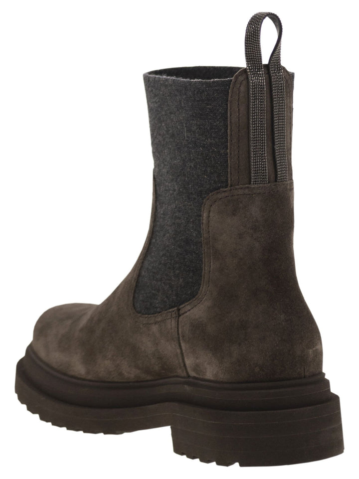 Brunello Cucinelli Women Suede Boot With Knitted Insert And Precious Loop Detail
