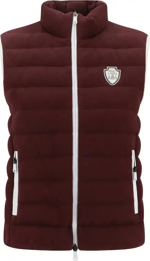 Maroon puffer vest with a logo on a white background