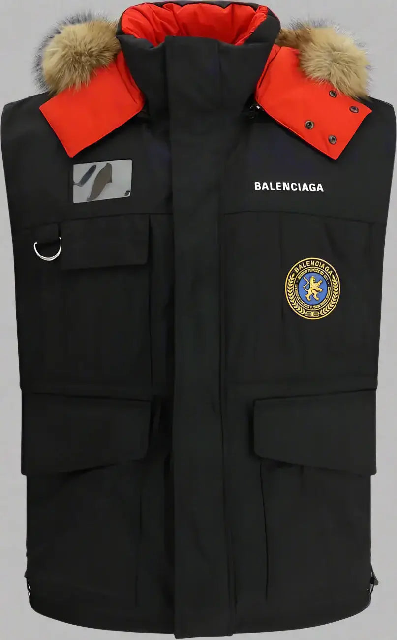 Black winter vest with red inner lining and Balenciaga branding