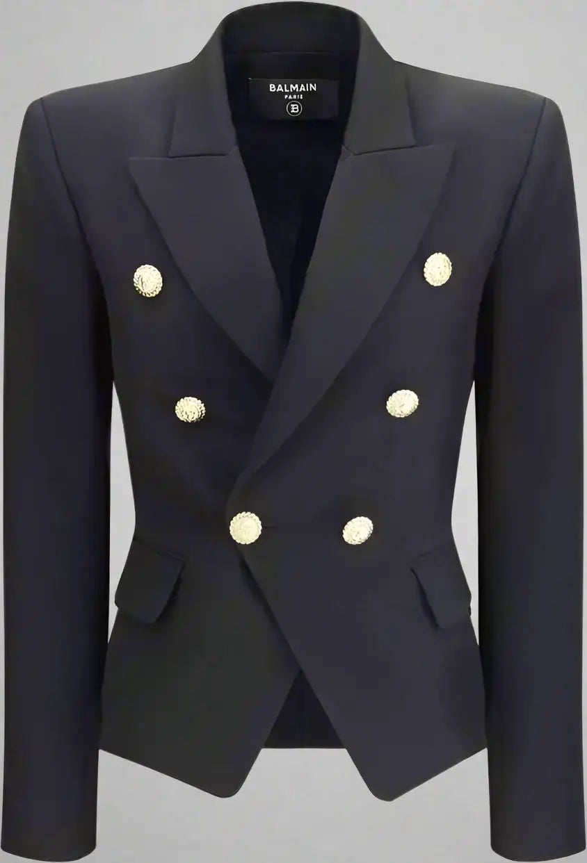 Black blazer with gold buttons on a white background