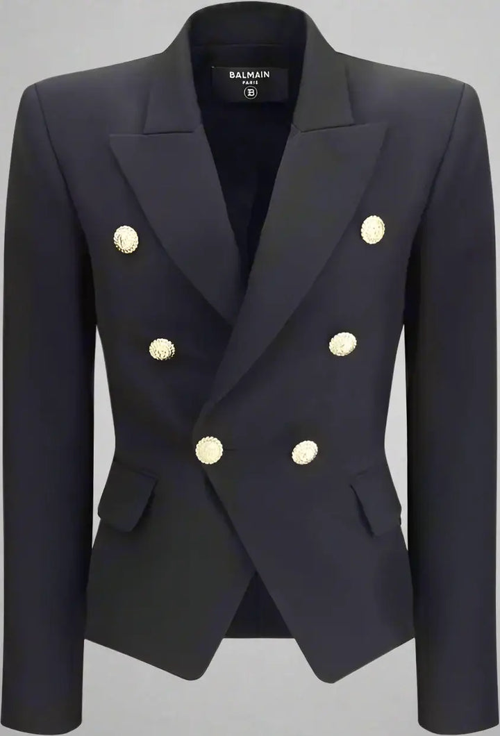 Black blazer with gold buttons on a white background