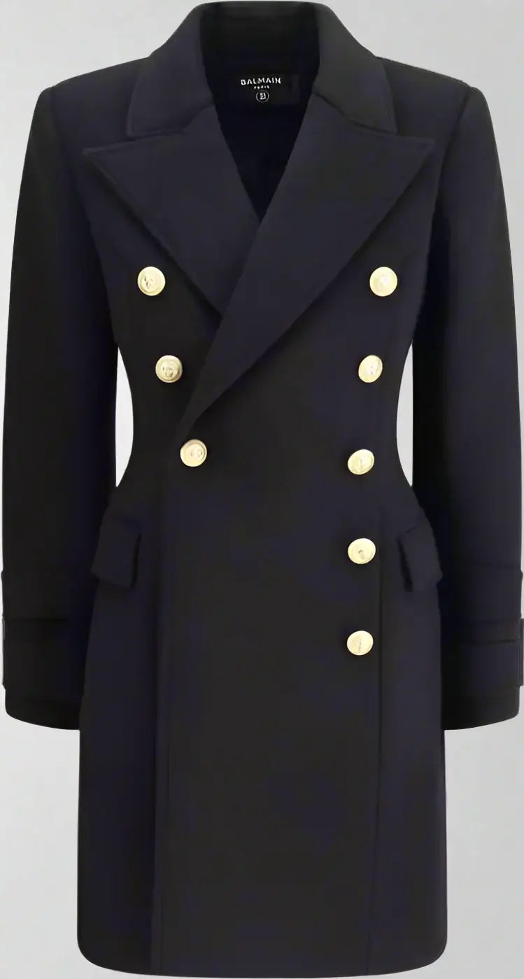 Black coat with gold buttons on a white background