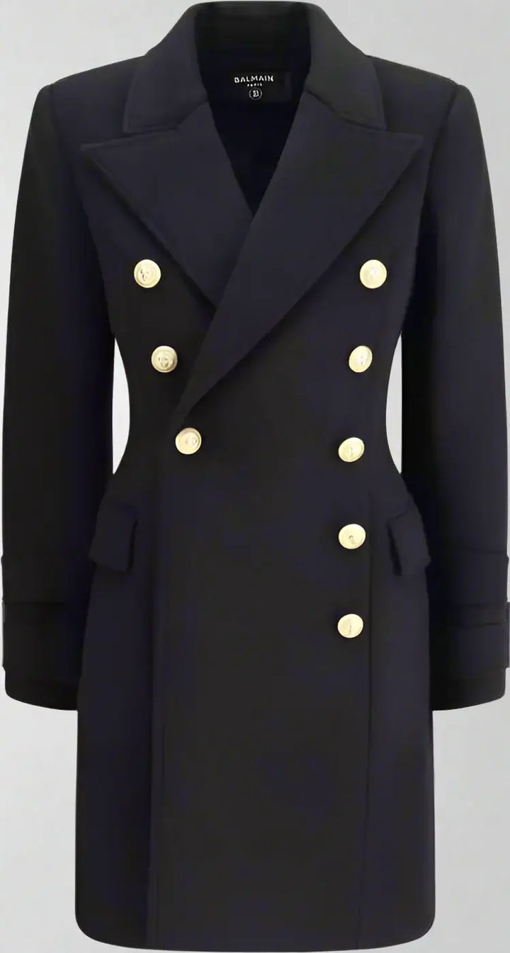 Black coat with gold buttons on a white background