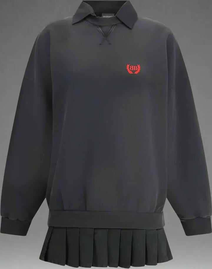 Black sweatshirt with a pleated skirt and red logo on a white background