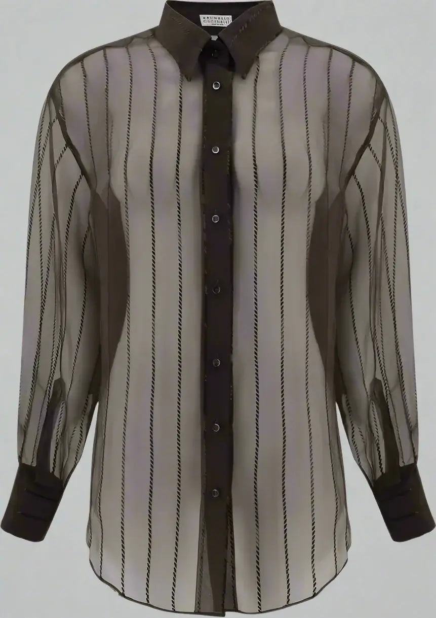 Sheer striped shirt with a dark collar and cuffs on a white background