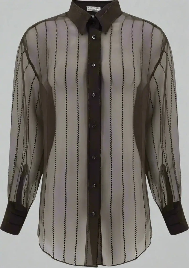 Sheer striped shirt with a dark collar and cuffs on a white background