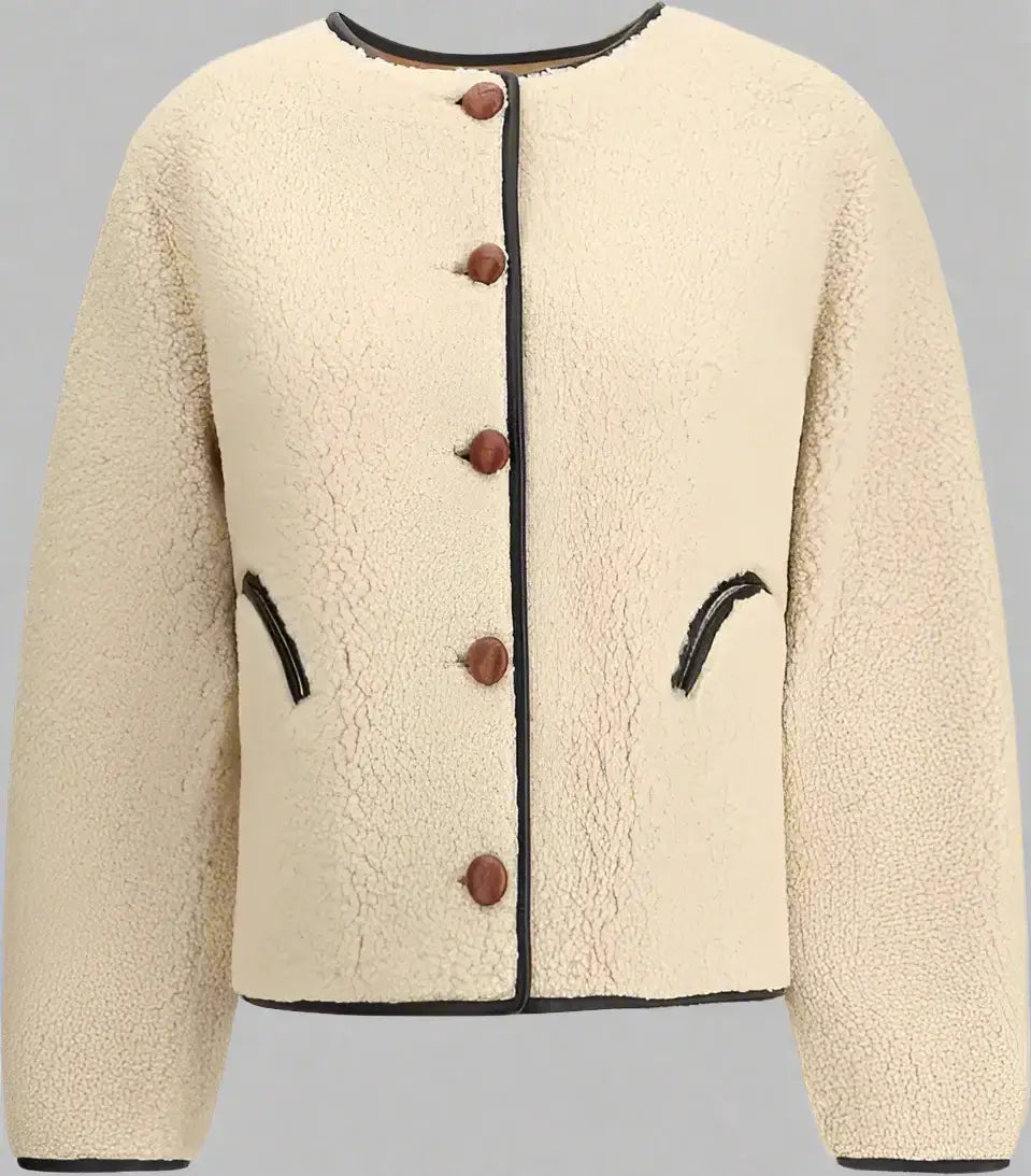 Beige fleece jacket with brown buttons on a white background