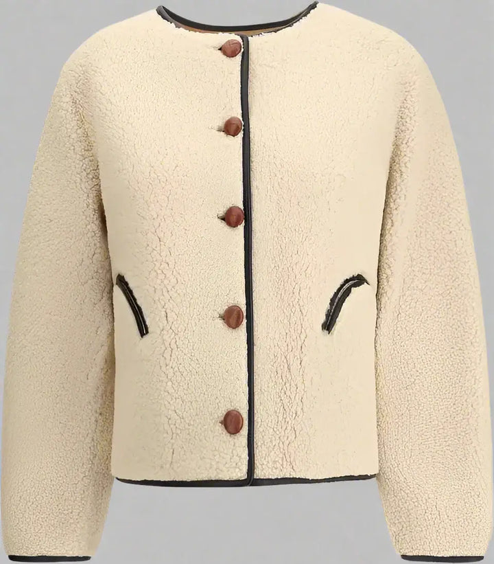 Beige fleece jacket with brown buttons on a white background