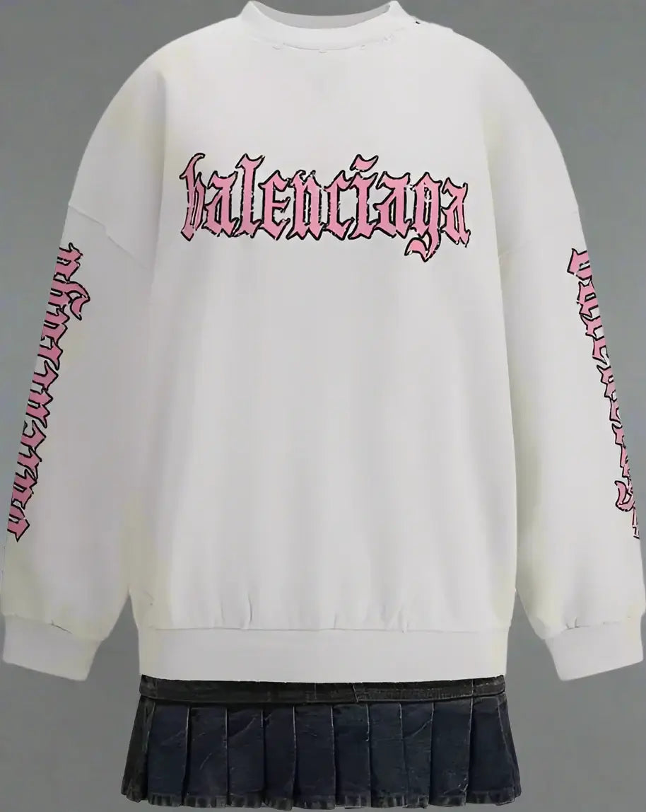 White sweatshirt with pink 'Balenciaga' logo and pleated skirt on a white background