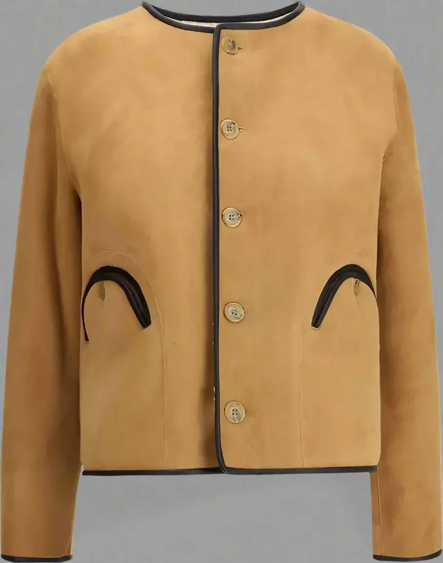 Tan jacket with black accents on a white background