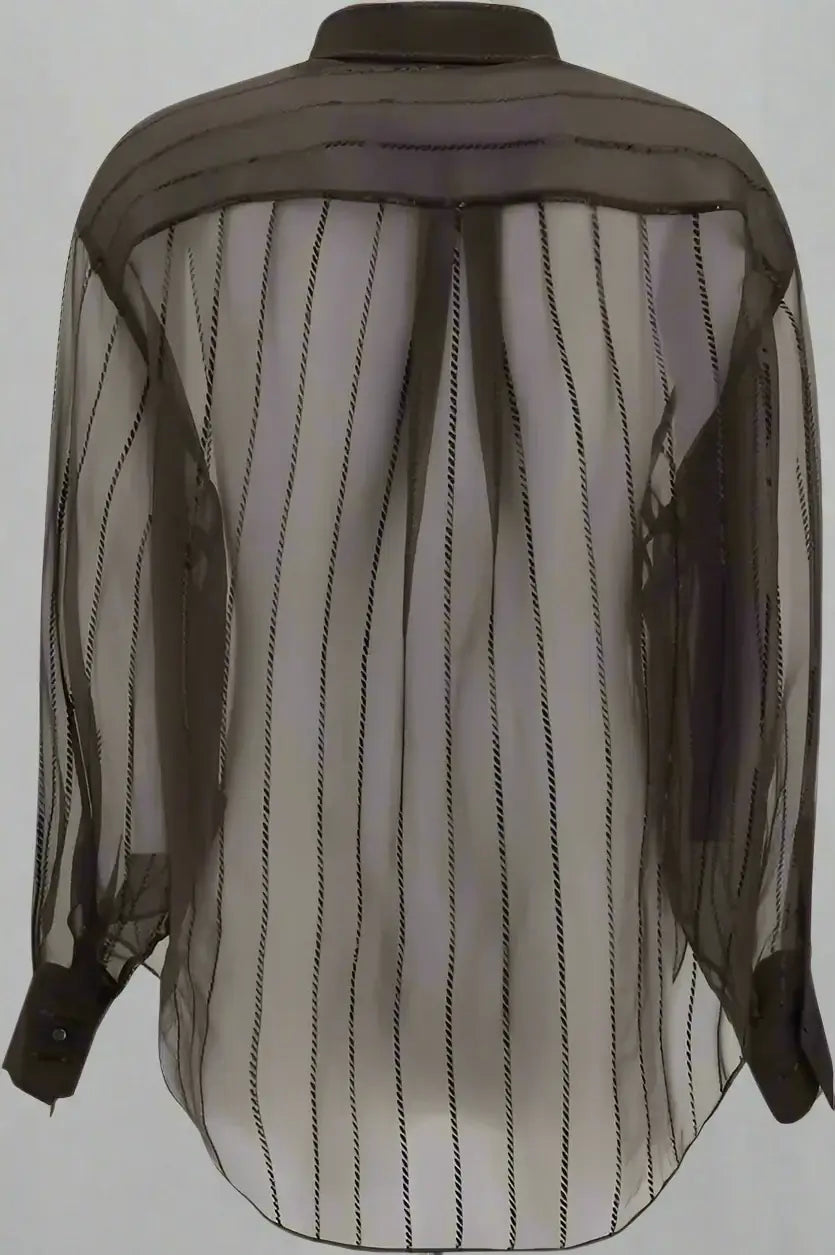 Black and gray striped sheer blouse with a solid black collar on a white background