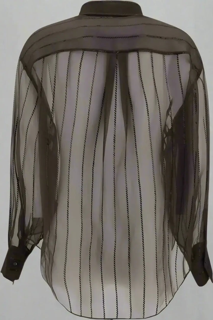 Black and gray striped sheer blouse with a solid black collar on a white background